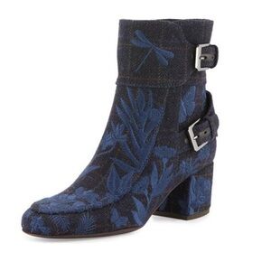 Laurence Dacade Barbacar Blue Floral Embroidered Ankle Bootie Buckles Plaid
